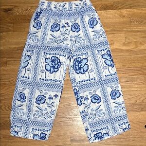 H by Halston 100% Linen Blue and White Casual Wide-Leg Pants